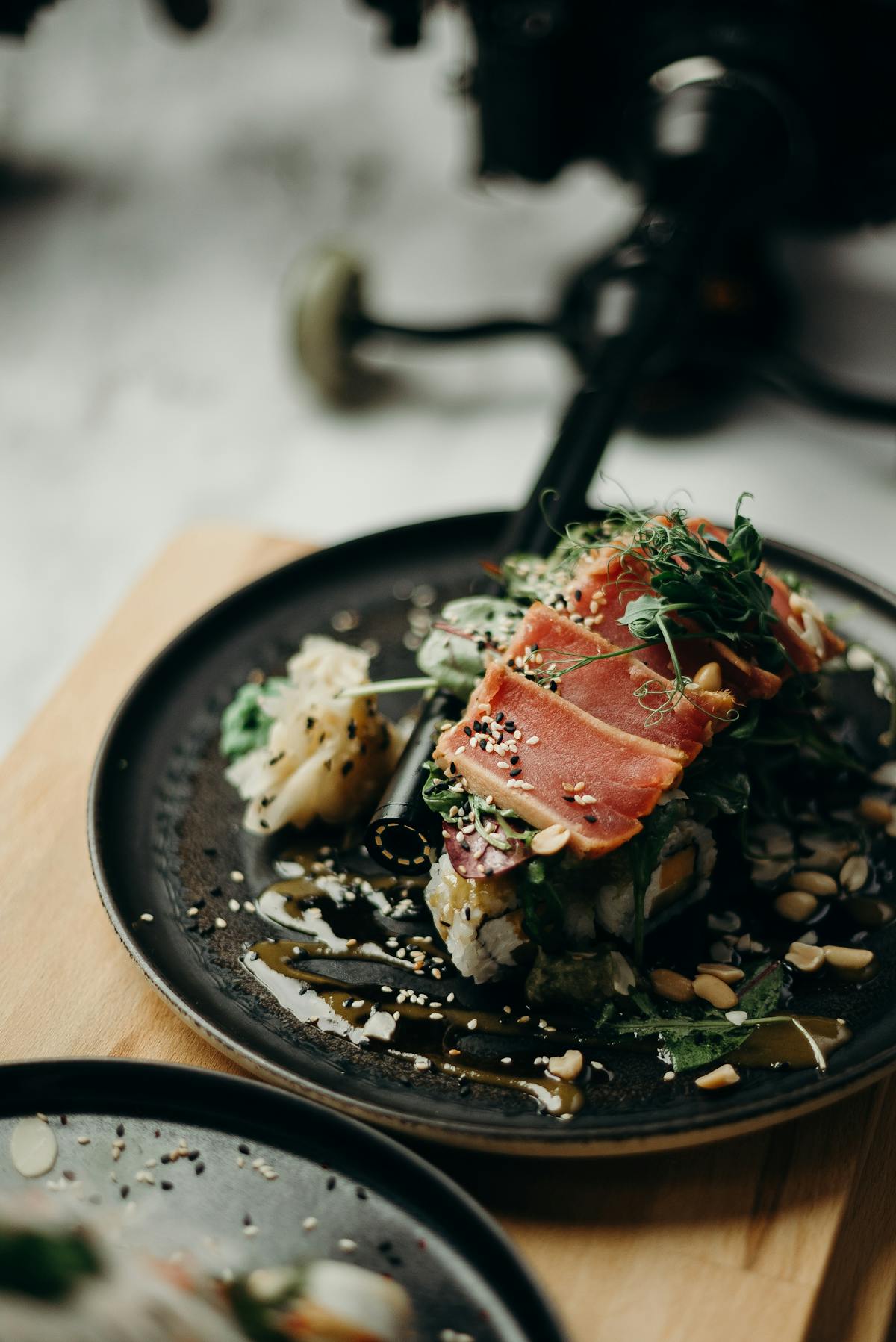 Seared tuna tataki with greens and sesame