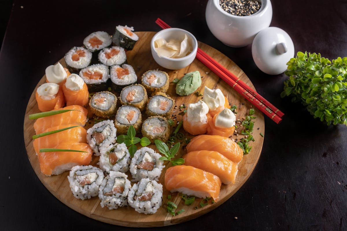 Fresh salmon sashimi and maki rolls