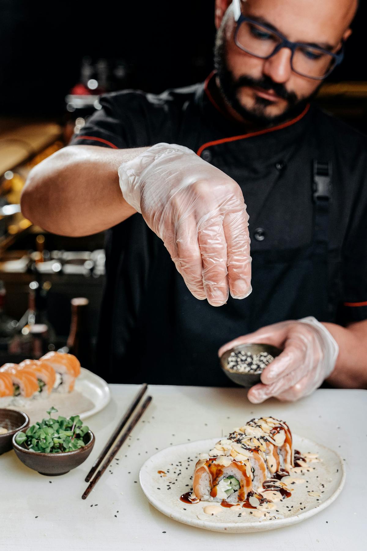 Chef preparing special rolls